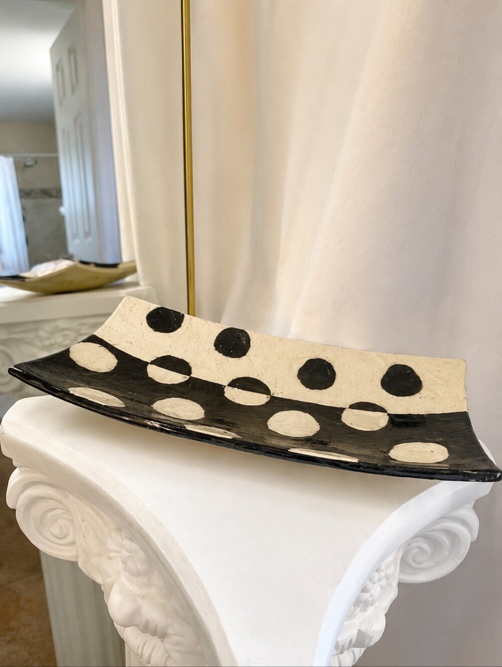Artisan Handmade Black & White Polka Dot Ceramic Tray Sz 11"X6"